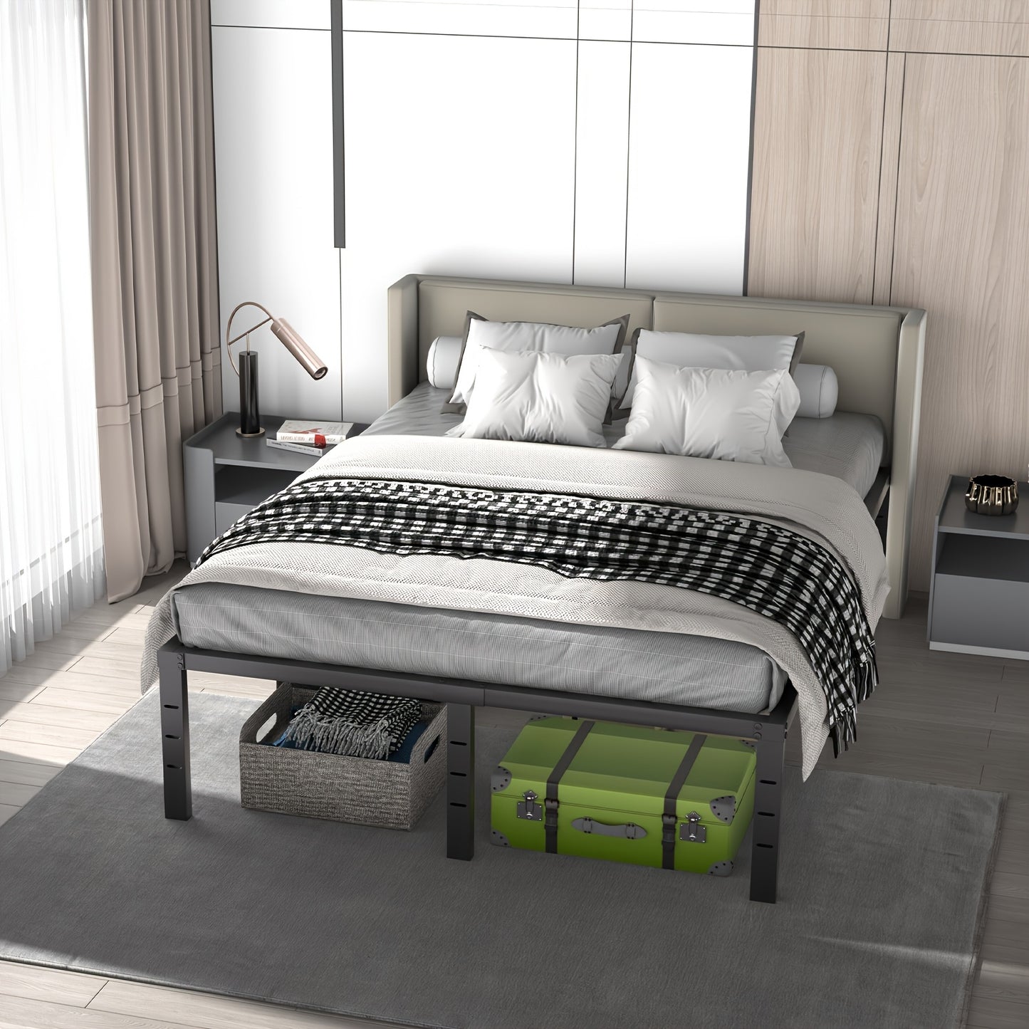 45.72cm Metal Bed Frame-Simple And Atmospheric Metal Platform Bed Frame, Storage Space Under The Bed Heavy Duty Frame Bed, Sturdy Queen Size Bed Frame, Suitable For Bedroom, Queen Size Bed Frame Easy Assembly Strong Bearing C