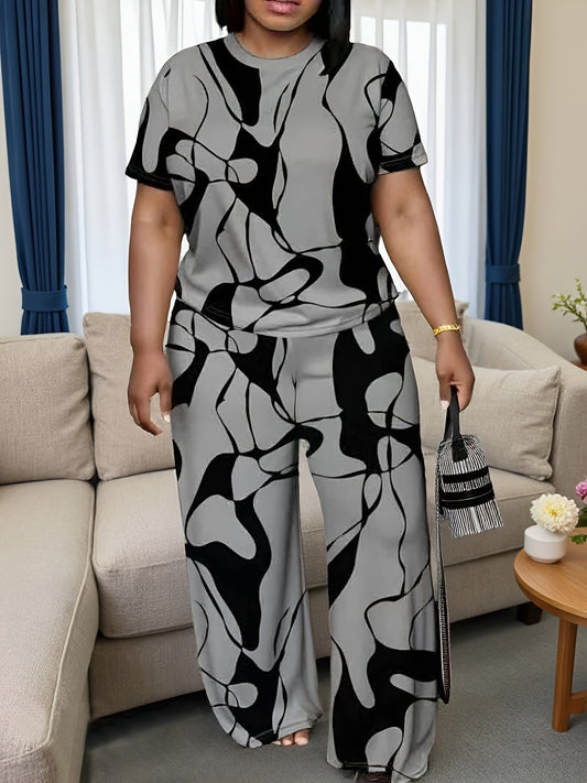 Stylish geometric gray and black color-block print casual set, featuring a minimalist art round-neck top paired with comfortable relaxed-fit pants, plus-size vacation trend elegant Women's ensemble