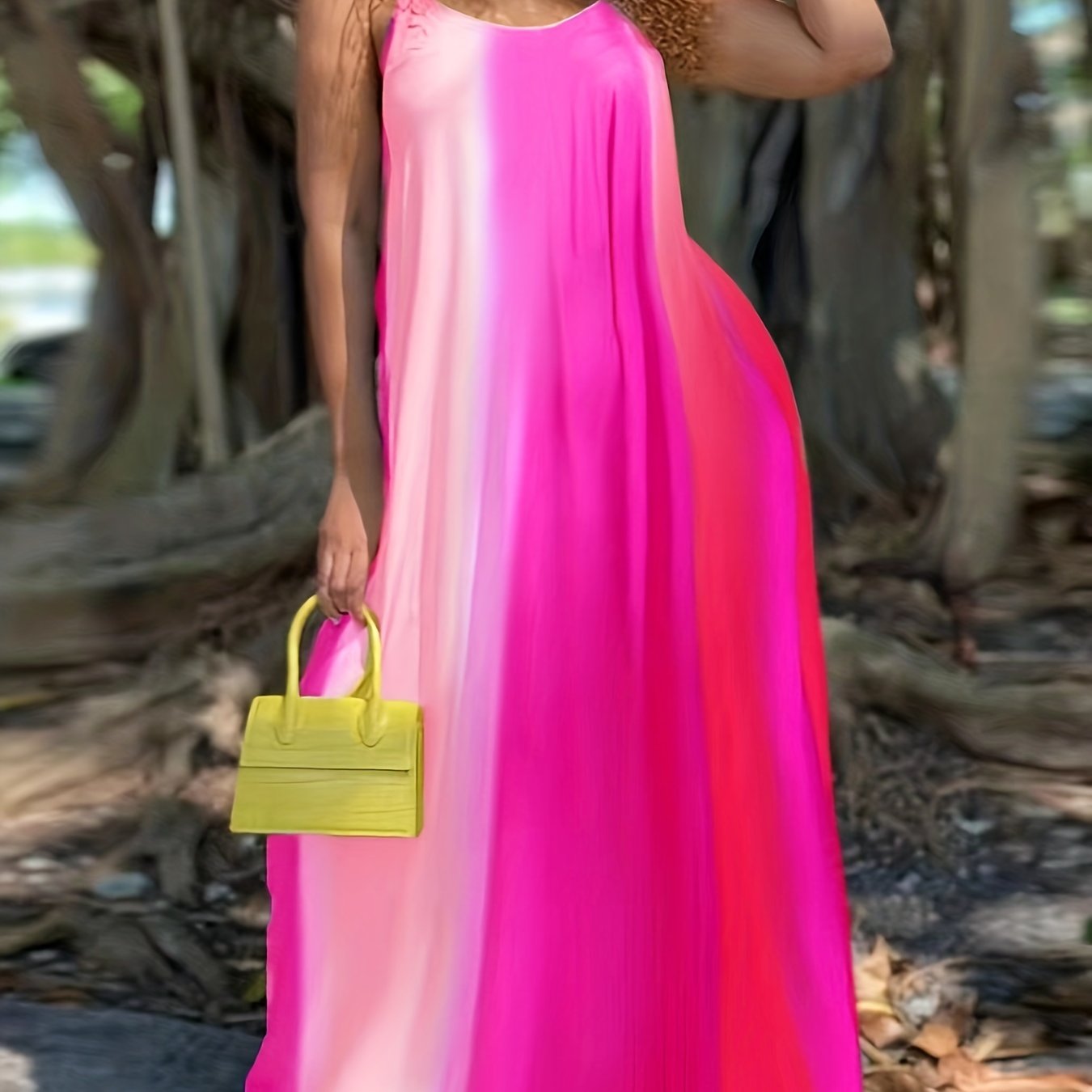 Vestido largo holgado con escote en V y efecto tie-dye, talla grande, elegante, ligeramente elástico, para mujer.