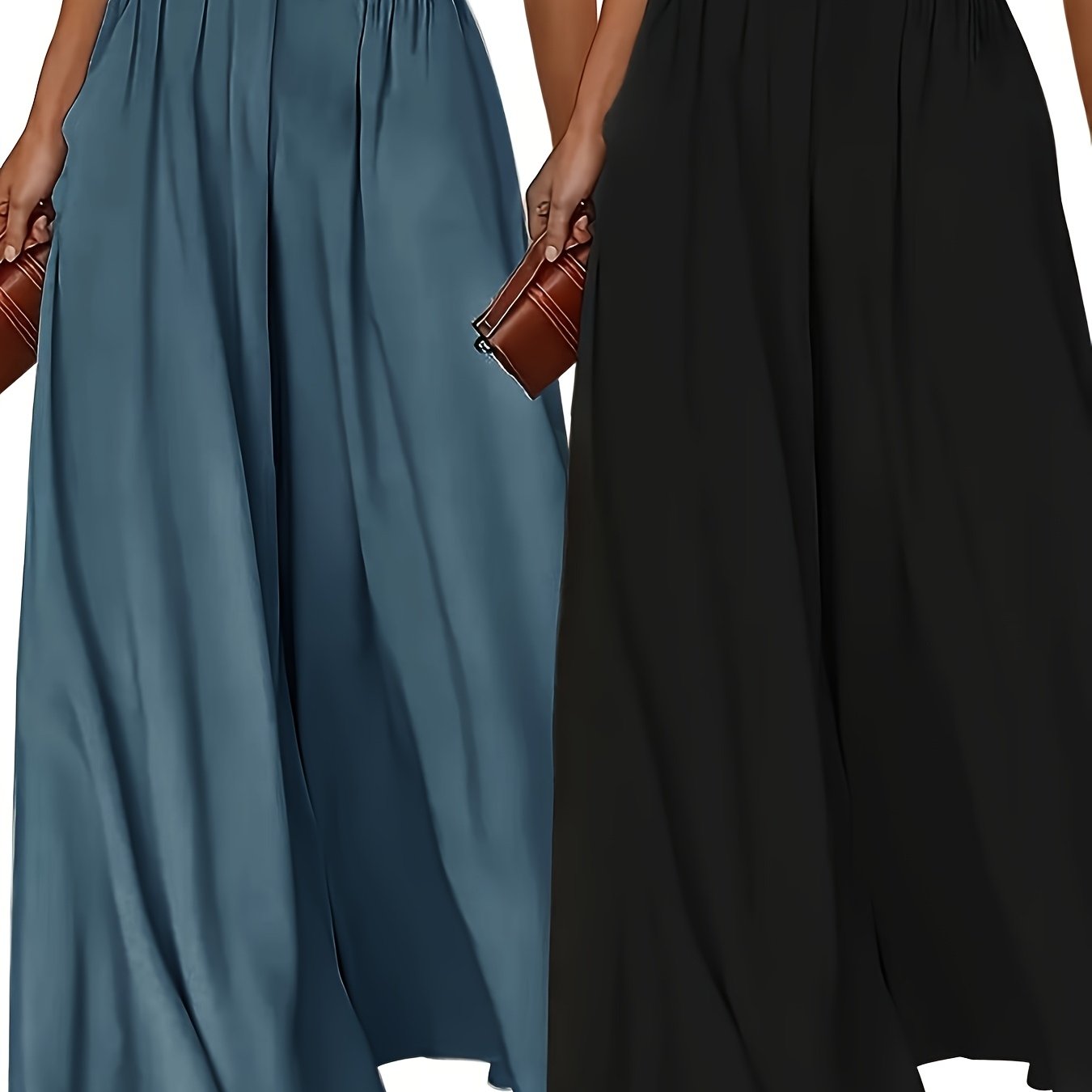 Plus Size - 2pcs Plus Size Wide-Leg Culottes - Casual High-Waist Pants with Elastic Waistband, Non-Stretch Fabric, Solid Color, Relaxed Fit for Spring/Summer/Fall, Casual Attire|Elastic Waistband Pants|Nonstretch Fabric