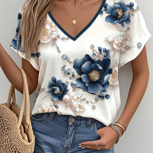 Women's Summer Top Fashion Design Simple Date Romantic Free Style Cute T-Shirt Artistic Casual Commute Vacation Style Versatile Blue Floral Print V-Neck Tee