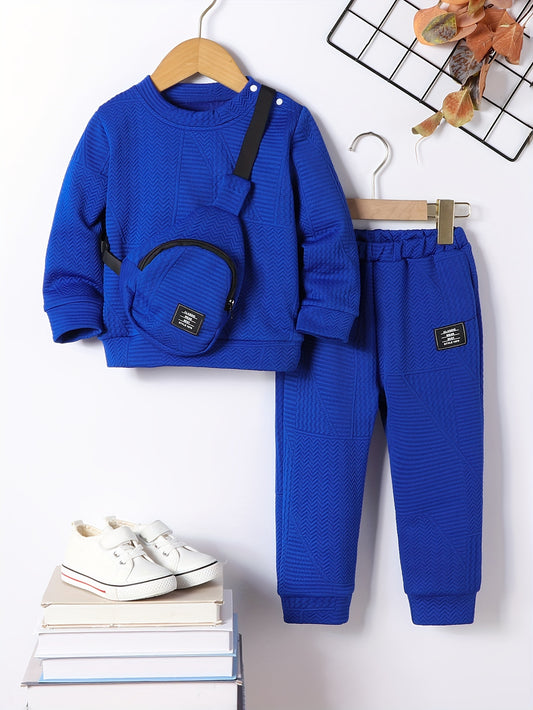 Conjunto de 3 piezas de otoño para niño: sudadera, pantalones deportivos y bolso bandolera de color liso, lavable a máquina, ideal para exteriores.