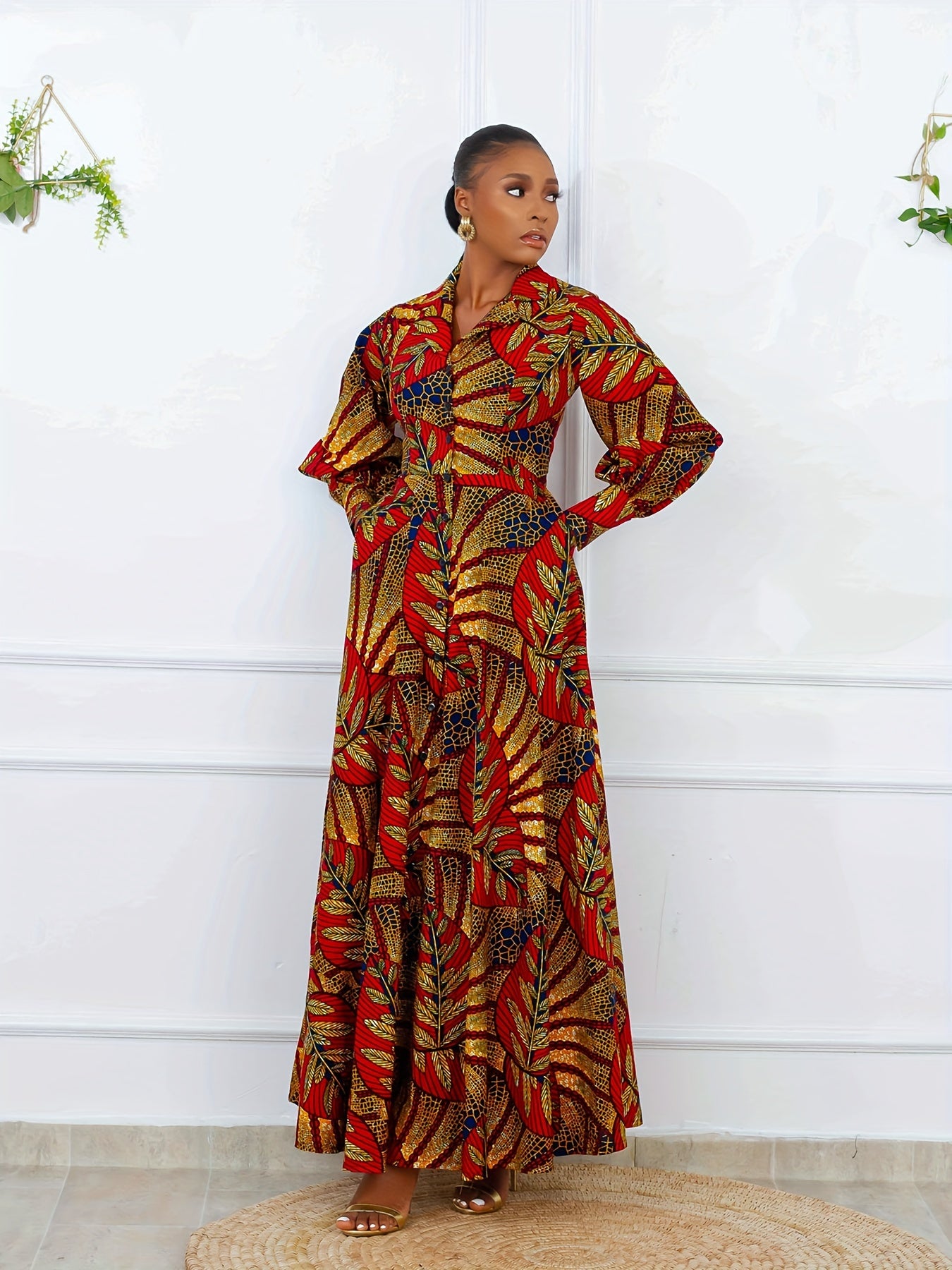 Vestido elegante de talla grande con estampado floral, abertura frontal y detalle de cuello, estilo informal, mezcla de poliéster, colección primavera/otoño.