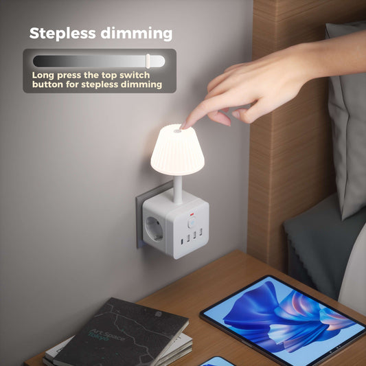 8-in-1 Surge Protector Power Strip with Desk Lamp, European Standard Plug, 3 AC Outlets, 3 USB Ports, 1 Type-C, On/Off Switch, 220-240V Operating Voltage for Home, Office, and Travel Charging Station