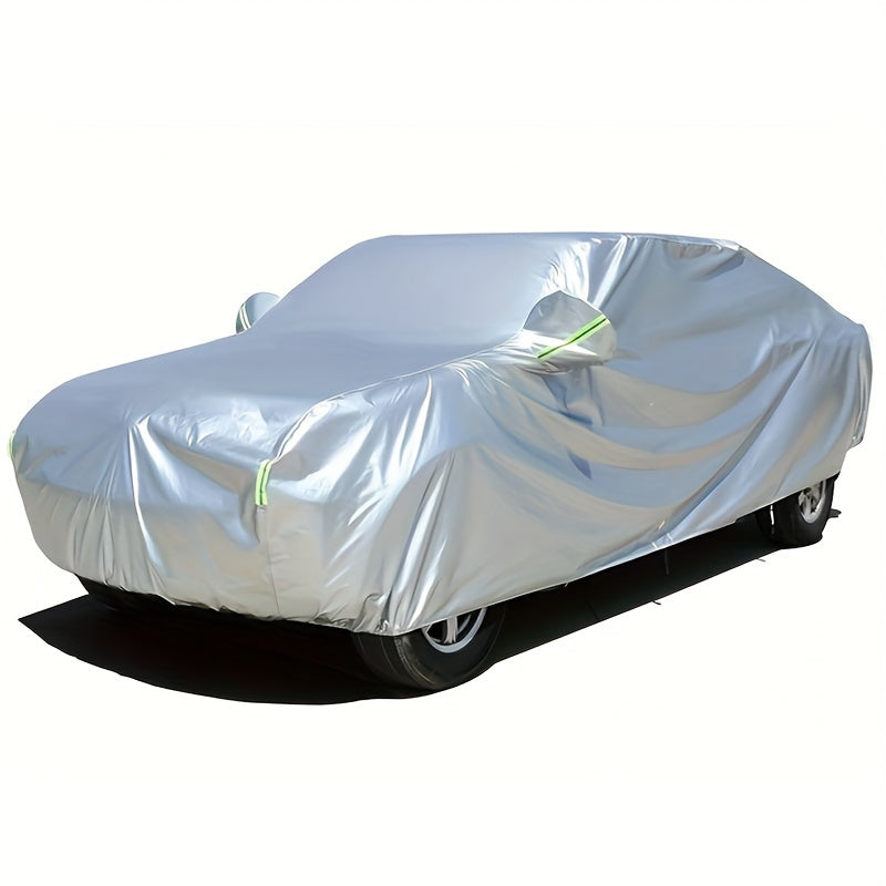 Funda para coche resistente a los rayos UV y al polvo con tiras reflectantes de seguridad. Apta para coches, SUV, camionetas y hatchbacks. Poliéster duradero. Color plateado.