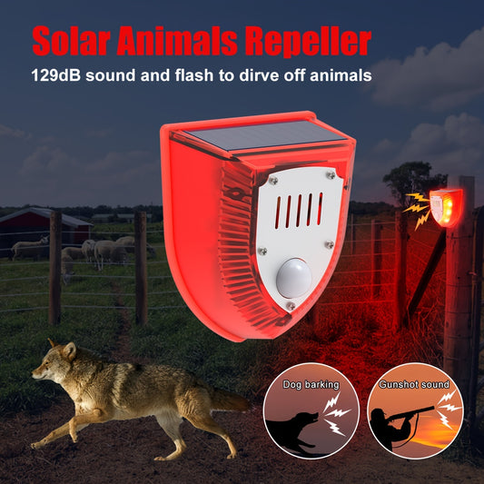 Alarma de seguridad solar para exteriores de 129 dB con sonido de perro ladrando y disparos, luz estroboscópica de advertencia para casa y jardín.