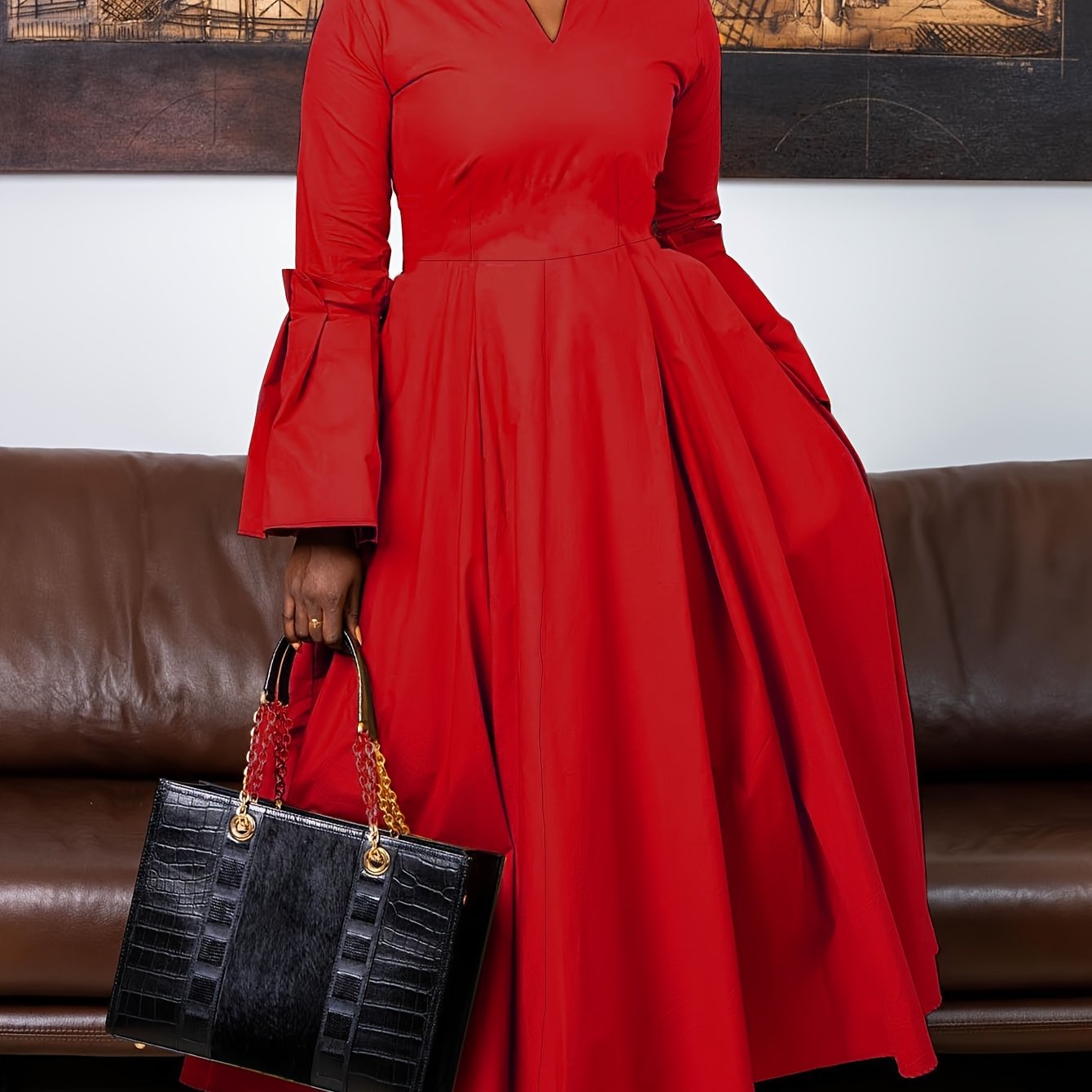 Plus Size Solid Color Dress, Elegant Flare Sleeve V Neck Dress For Spring & Fall, Women's Plus Size Clothing