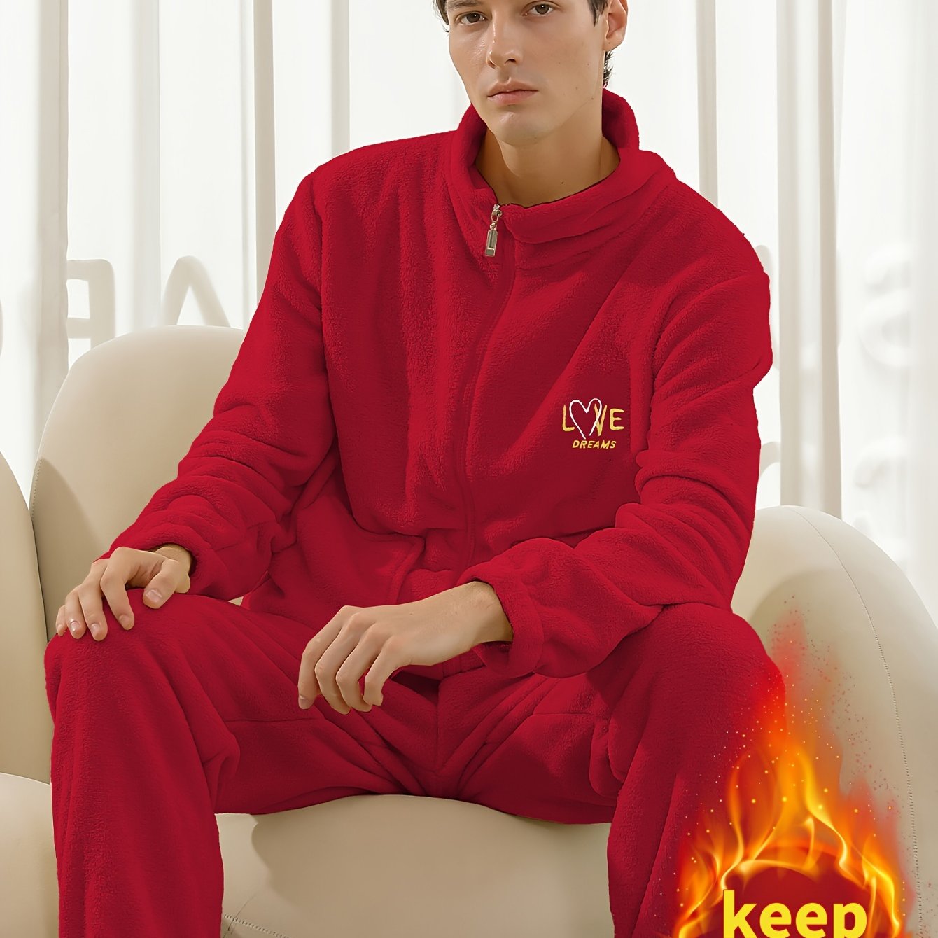 Conjunto de pijama de hombre con camiseta y pantalón de franela con bordado de letras, cuello alto, cremallera y manga larga para otoño e invierno.