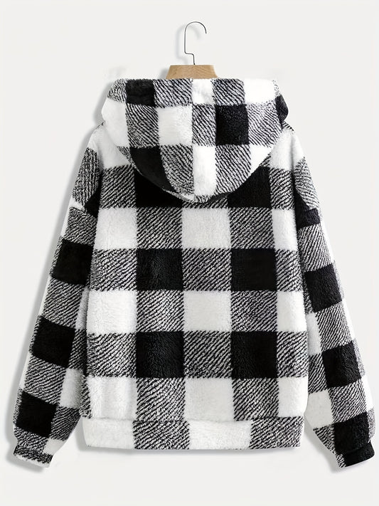 Abrigo de peluche con capucha y cordón ajustable, estampado a cuadros, bolsillos casuales, manga larga, abrigo térmico afelpado para otoño e invierno, ropa de mujer