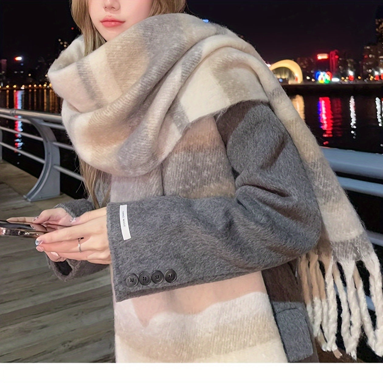 1 Elegant Maillard-Inspired Striped Chunky Knit Scarf for Women - Cozy Thickened Fleece Blend, Versatile Shawl with Tassels - Warm, Windproof & Decorative for Winter Outings - Cream and Gray