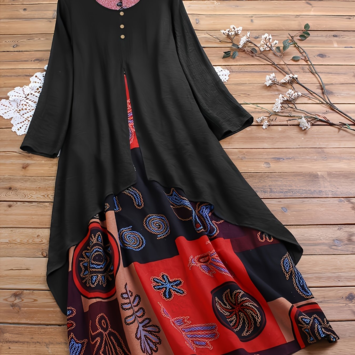 Plus Size 2-in-1 Graphic Print Dress, Casual Button Decor Crew Neck Long Sleeve Dress For Spring, Women's Plus Size Clothing