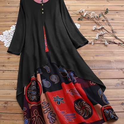 Plus Size 2-in-1 Graphic Print Dress, Casual Button Decor Crew Neck Long Sleeve Dress For Spring, Women's Plus Size Clothing