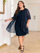 Plus Size - Elegant Plus Size Two-Piece Dress with Mesh Overlay - Navy Blue, Round Neck, Sleeveless, Flowy Design for Spring/Summer, Polyester Blend, Women'S Fashion, Plus Size Dresses