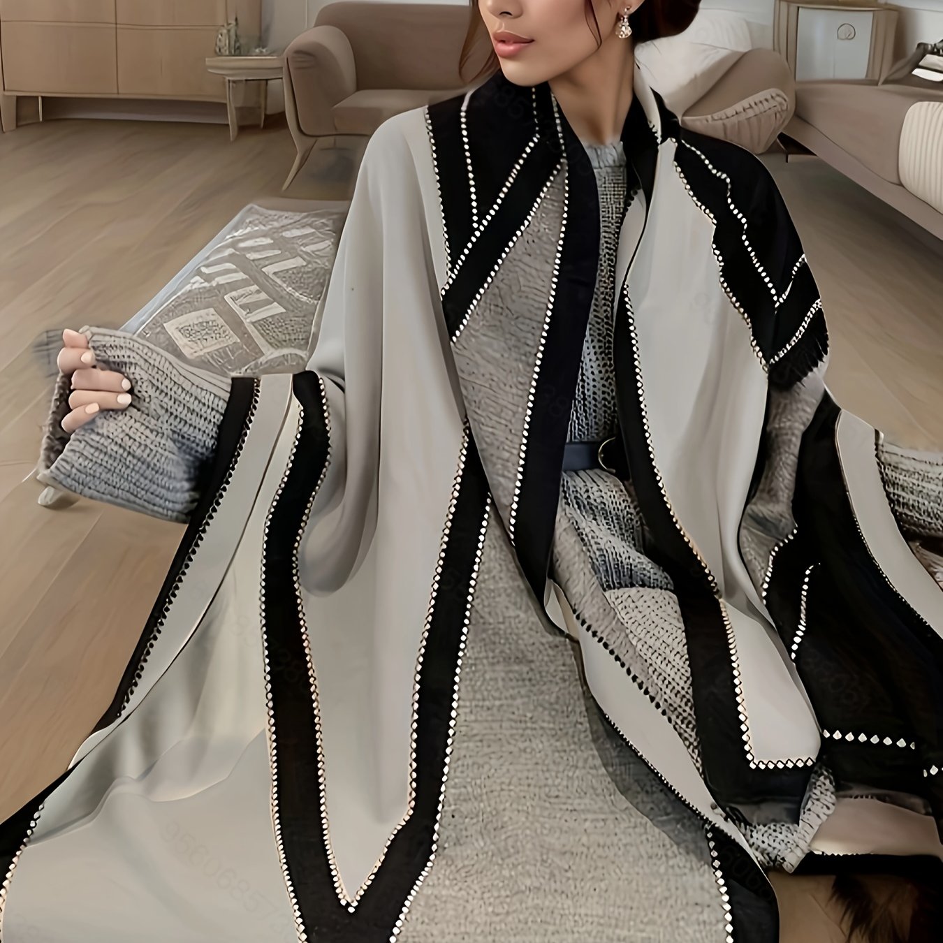Plus Size Geometric Pattern Large Scarf, Soft Cozy Color Block Linen Shawl For Fall & Winter, Women's Plus Size Clothing