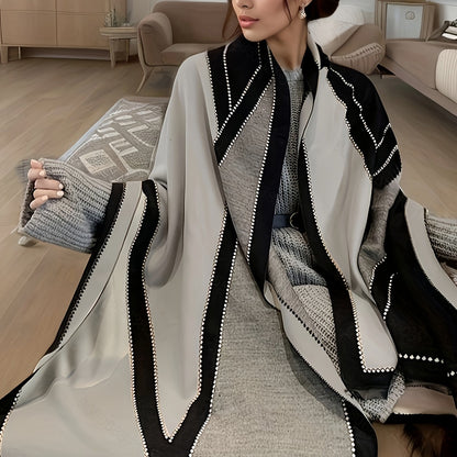 Plus Size Geometric Pattern Large Scarf, Soft Cozy Color Block Linen Shawl For Fall & Winter, Women's Plus Size Clothing