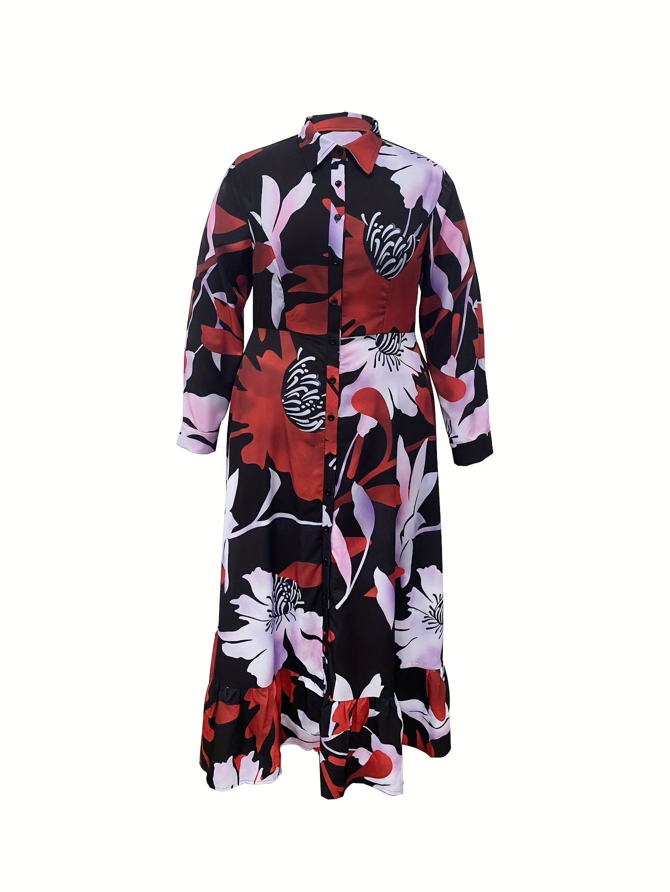 Plus Size Floral Print Button Front Dress, Casual Long Sleeve Collared Dress for Spring & Fall, Women's Plus Size Clothing