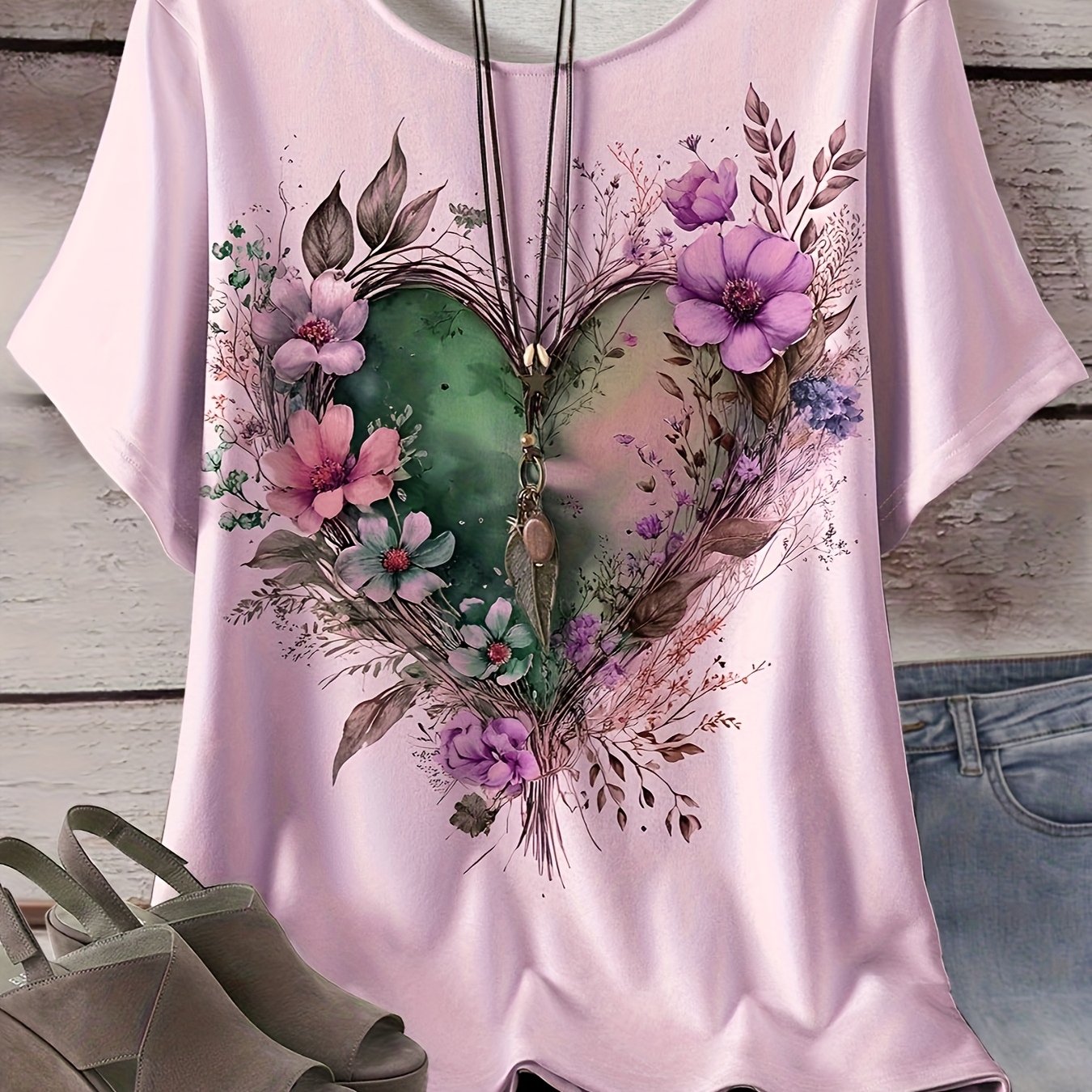 Women's Plus Size Light Blue Floral Heart All-Over Print T-Shirt - Stretchy Casual Round Neck Short Sleeve Top, Machine Washable for Casual Attire, Versatile Wardrobe Staple, Stylish Graphic Tee, Comfortable Fit, Printed Blou