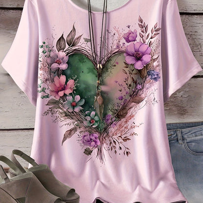 Women's Plus Size Light Blue Floral Heart All-Over Print T-Shirt - Stretchy Casual Round Neck Short Sleeve Top, Machine Washable for Casual Attire, Versatile Wardrobe Staple, Stylish Graphic Tee, Comfortable Fit, Printed Blou