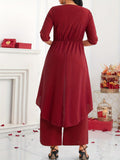 Plus Size Elegant Solid Color Pants Set, V Neck Top & Pants Outfits, Women's Plus Size Clothing