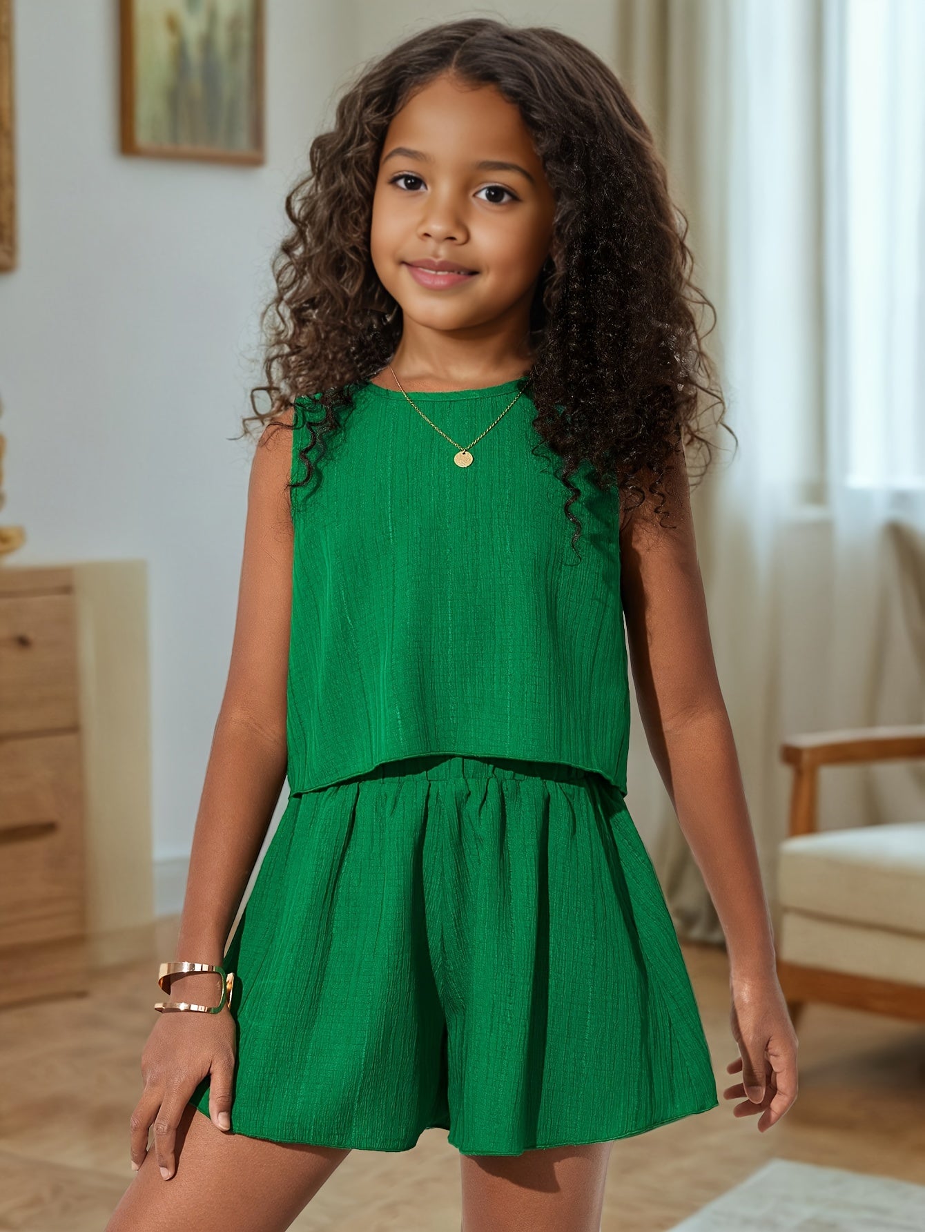 Chic Summer Outfit for Girls: Elegant Sleeveless Top & Cute Shorts Set - Machine Washable, Polyester Blend, Perfect for Outdoor