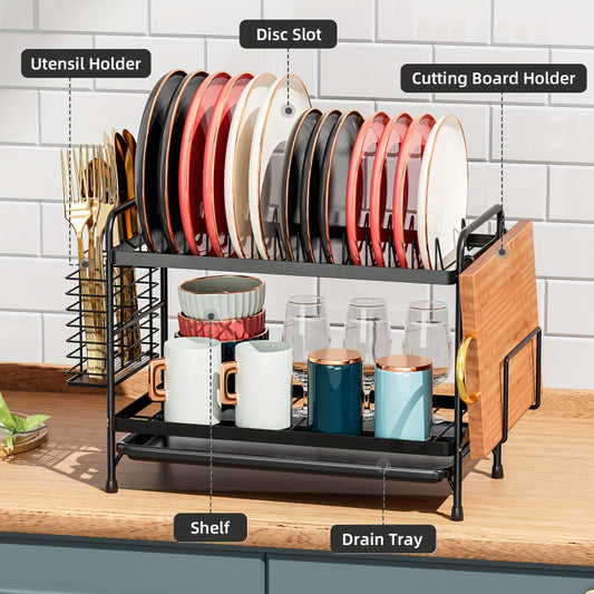 1pc Black 2-Tier Over Sink Dish Drying Rack with Drainboard, Removable Utensil Holder, Cup Rack, and Cutlery Organizer - Metal and Plastic Kitchen Accessory Set Without Electricity