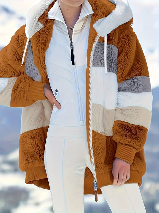 Trendy European And American Autumn And Winter Oversized Color-Block Plush Zip-Up Hooded Jacket for Women [Other Mountain Orientation]