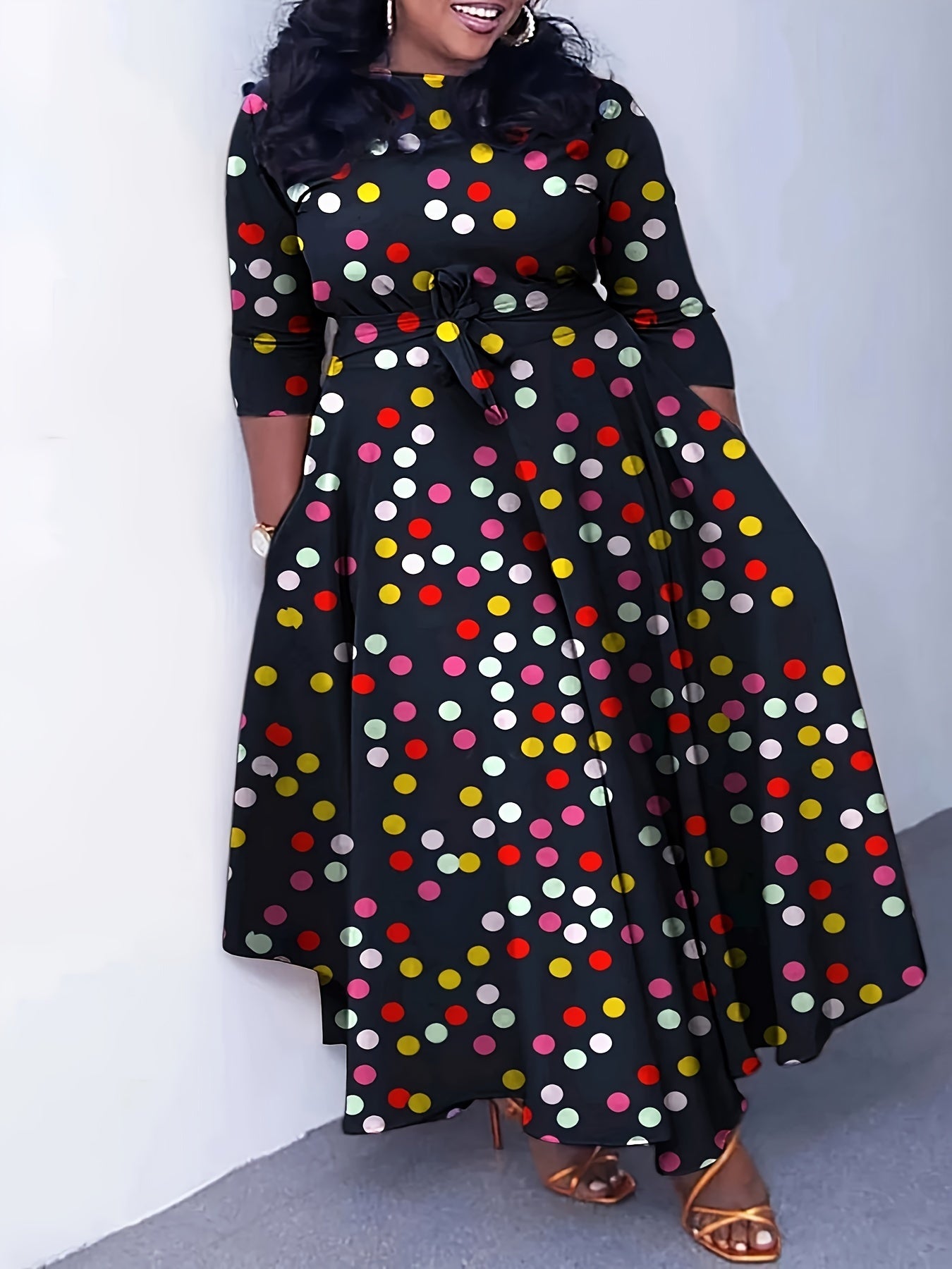 Elegante vestido de poliéster de talla grande con cinturón: cuello redondo elástico cómodo, estilo informal para el fin de semana, dobladillo recto, silueta grande con bolsillos, manga corta, tejido de punto jersey para primavera, verano y otoño.
