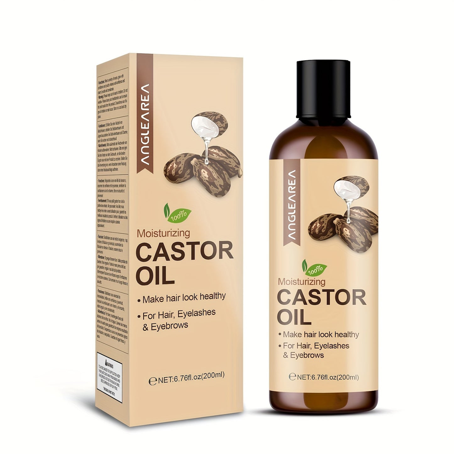 200ml/6.76fl.oz Castor Oil For Hair, Eyelashes & Eyebrows, Cold-Pressed Unrefined, Essential Oil For Dry Hair, Skin & Nail Care