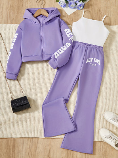 3-Piece Outdoor Sporty Girl's Long Sleeve Zip-up Hoodie + Flared Trousers With Camisole Set - Versatile Comfy For Spring/ Fall Casual Wear, Gift Idea