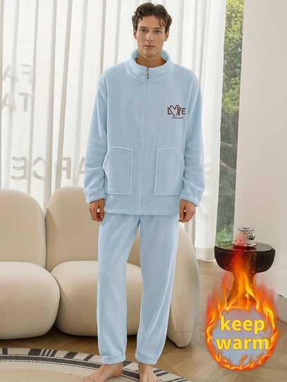 Conjunto de pijama de hombre con camiseta y pantalón de franela con bordado de letras, cuello alto, cremallera y manga larga para otoño e invierno.