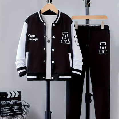 Conjunto de 2 piezas de chaqueta universitaria con estampado de letras para niño, chaqueta bomber y pantalón estilo preppy, ropa infantil para otoño e invierno, uso diario y al aire libre, como regalo.