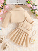 Baby Girls Fashion Button Long Sleeve Lapel Collar Coat + Bow Pleated Suspender Skirt Two-piece Set Outdoor Clothing
