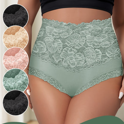 5-Pack MEIYATING Plus Size High-Waisted Tummy Control Briefs, Elegant Cotton Lace-Trimmed Floral Pattern, Medium Stretch Knit Fabric, Full Coverage Underwear for Women
