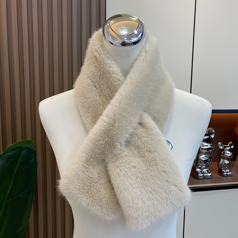 Women'S Luxurious Faux Fur Hat and Scarf Set, Winter Warmth Thickened Polyester Fox Fur Cap with Earmuffs, Elegant Festive Gift, Knitted No-Brim Hat, Non-Stretch, Hand Wash Only