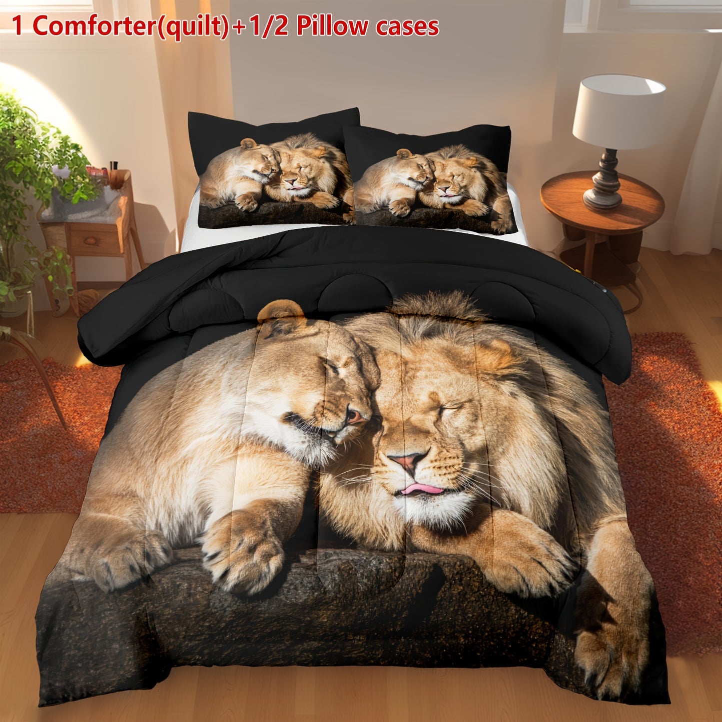 Lion Duvet Cover Set - 2/3 Piece Polyester Comforter with Stain Resistant Feature, Machine Washable, Digital Print, Woven Fabric, Includes 1 Comforter and 1/2 Pillowcases (No Insert)