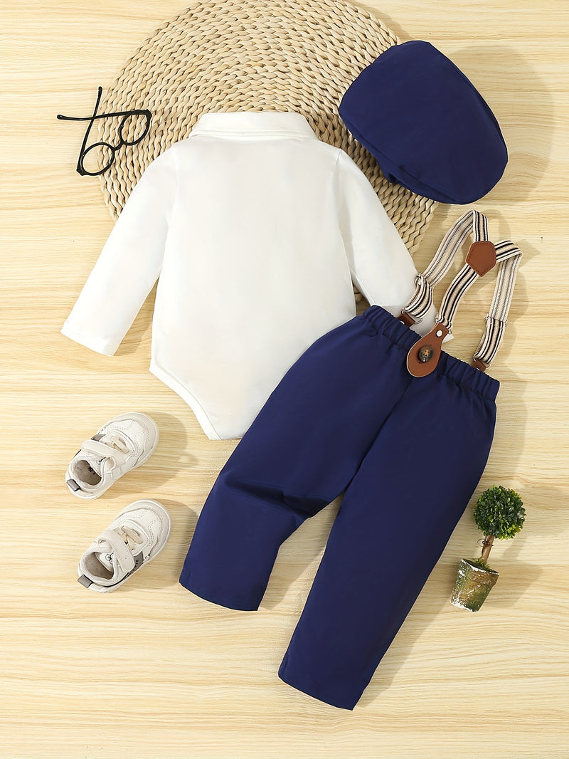 Conjunto de caballero para bebé primavera/otoño: mono con pajarita, pantalón con tirantes y gorro. Traje para bebé y niño pequeño para ocasiones formales al aire libre, fotografía, cumpleaños y bodas. Ropa de exterior.
