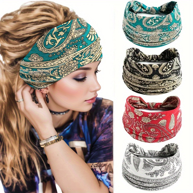 4pcs/set Autumn And Winter Classic Ethnic Style Paisley Patterned Headscarves - Wide And Comfortable Elastic Yoga Headbands Hair Accessories For Women