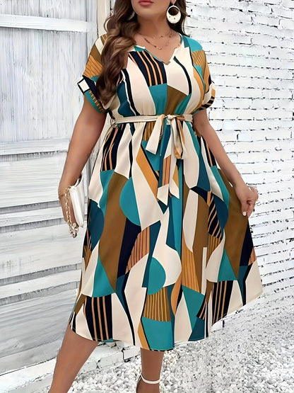 Vestido con estampado tropical y mangas murciélago, talla grande, escote en V, cintura con cinturón, poliéster ligero, lavable a máquina, ideal para vacaciones de verano. Vestidos de verano de talla grande.