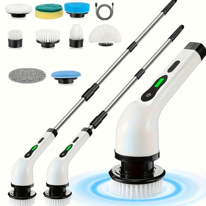 Cordless Electric Spin Scrubber Set with 3/9 Brush Heads - Rechargeable, Adjustable Long Handle for Bathroom, Kitchen, Tile & Car Cleaning