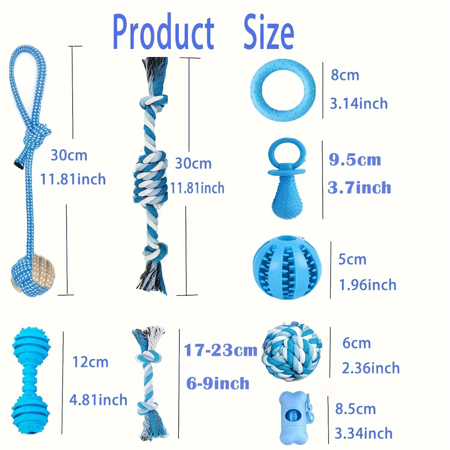 20 paquetes de juguetes masticables para cachorros: juguetes para la dentición, mordedores y cuerdas resistentes, paquete de juguetes de goma azul para perros pequeños, lindas pelotas interactivas para perros de razas pequeñas.