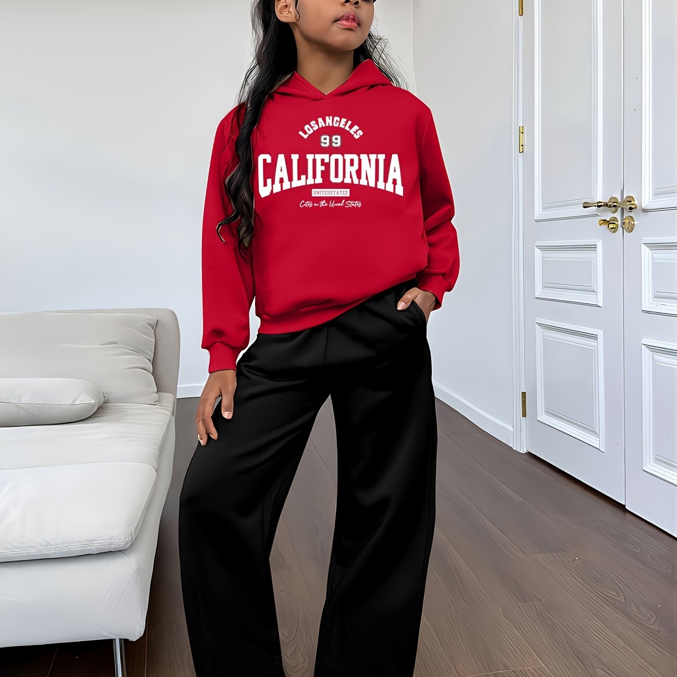 Conjunto de sudadera con capucha y pantalón ancho para niña, informal, con estampado de letras y dibujos animados, 304, poliéster elástico, corte holgado, otoño/invierno, tejido de punto, ropa juvenil, para exteriores.