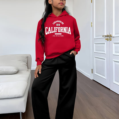 Conjunto de sudadera con capucha y pantalón ancho para niña, informal, con estampado de letras y dibujos animados, 304, poliéster elástico, corte holgado, otoño/invierno, tejido de punto, ropa juvenil, para exteriores.
