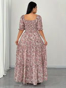 Women's Summer Square Neck Elastic Waist Floral Print Puff Sleeve A-Line Maxi Dress - Lightweight Breathable Machine Washable Plus Size Flowy Long Dress for Beach Vacation & Casual Outings, Beach Dresses