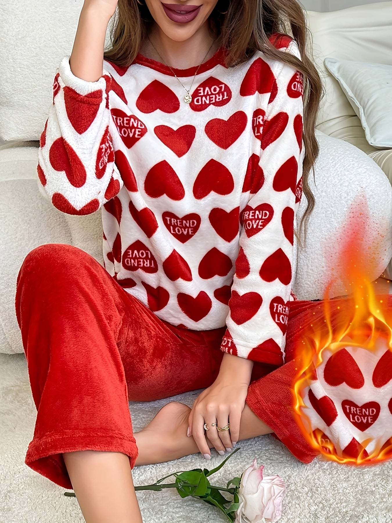 Women'S Polyester 100% Knit Pajama Sets - Casual Crew Neck Long Sleeve Top and Pants with Pattern Detail, Cozy Flannel Loungewear for Fall/Winter
