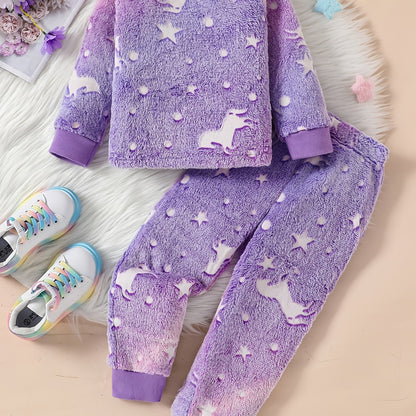 Girls' Autumn and Winter Cute Purple Unicorn Plush Long Sleeve and Pants Suit, Perfect for Outdoor