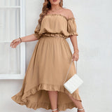 Plus Size Lettuce Trim Two-piece Skirt Set, Off Shoulder Short Sleeve Top &amp; Elastic Waist Skirts Outfits, Women's Plus Size Clothing