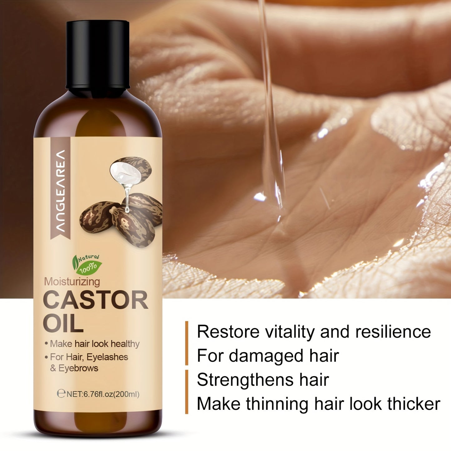 200ml/6.76fl.oz Castor Oil For Hair, Eyelashes & Eyebrows, Cold-Pressed Unrefined, Essential Oil For Dry Hair, Skin & Nail Care