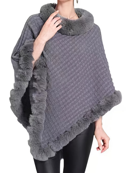 Women's Elegant Cream-Colored Knit Sweater with Faux Fur Trim - High Neck, Batwing Sleeves, Cozy Autumn/Winter Pullover Shawl Cape, Autumn Wardrobe Accessory|High Neck Pullover|Plush Lining