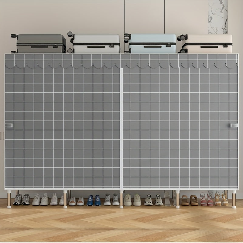 Simplified assembly of steel pipes with thickened reinforcement and 10 large capacity storage racks and 3 hanging clothes poles for storing wardrobes, easy and convenient assembly of checkered fabric cabinets