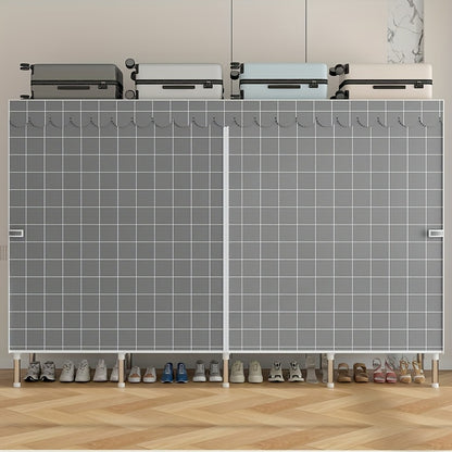 Simplified assembly of steel pipes with thickened reinforcement and 10 large capacity storage racks and 3 hanging clothes poles for storing wardrobes, easy and convenient assembly of checkered fabric cabinets
